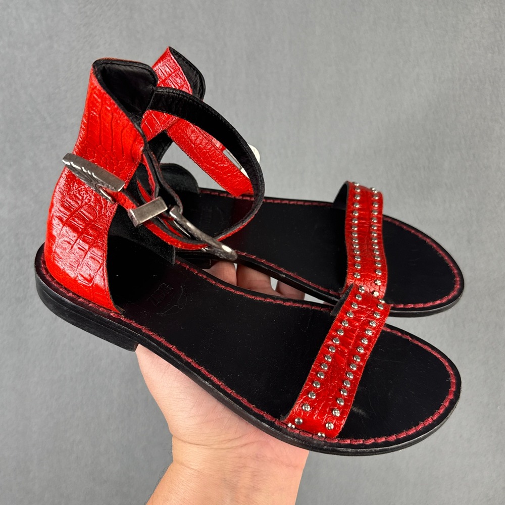 Zadig & Voltaire Red Croc Embossed  Ever Alta Studded Western Buckle Sandals 36